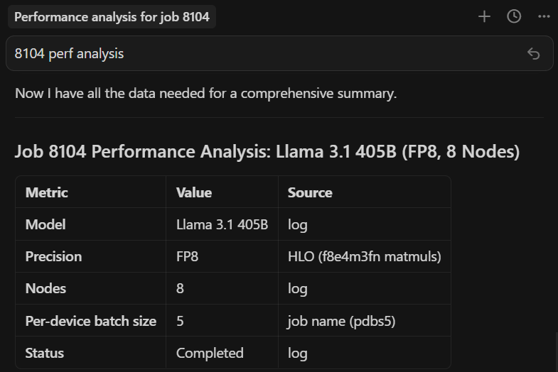 Cursor chat showing the prompt and the agent's response as it locates the job, measures TGS, runs TraceLens, and starts a web server