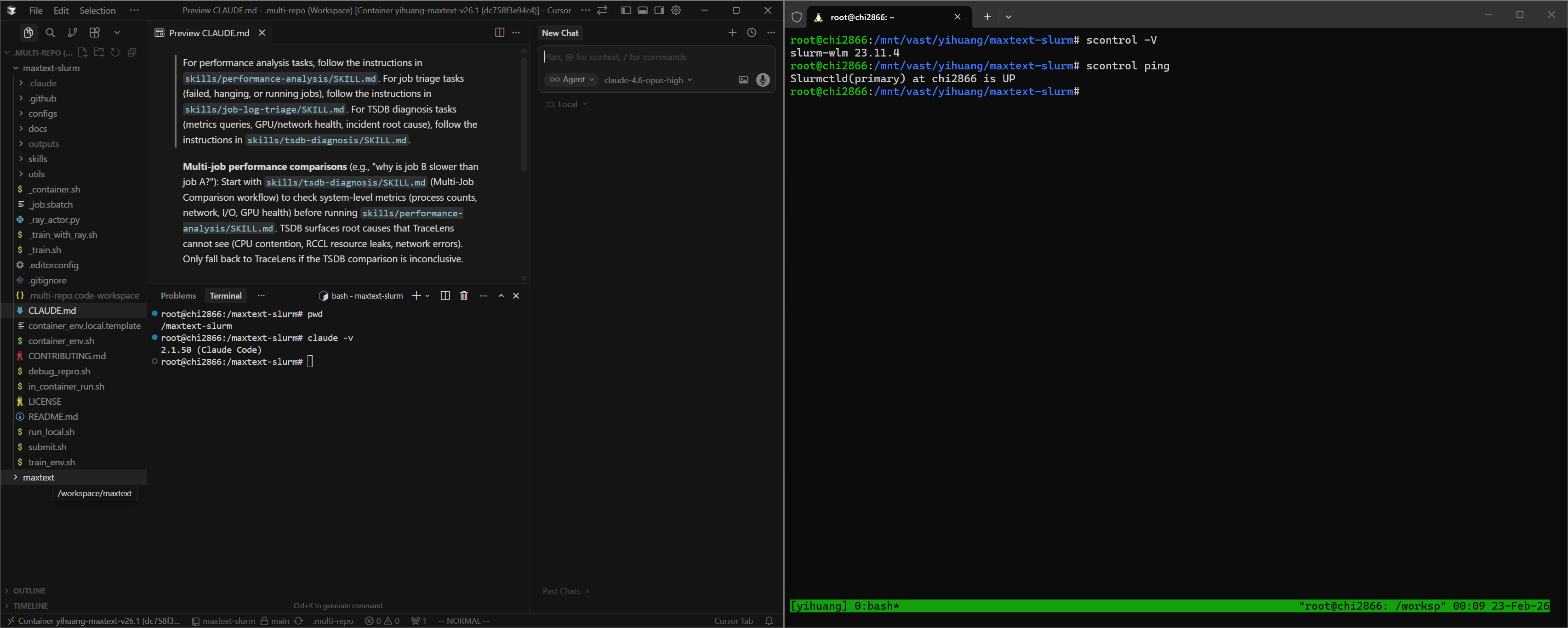 Cursor IDE connected to a remote container via SSH, showing both maxtext-slurm and maxtext workspace folders, with a separate terminal for Slurm ops