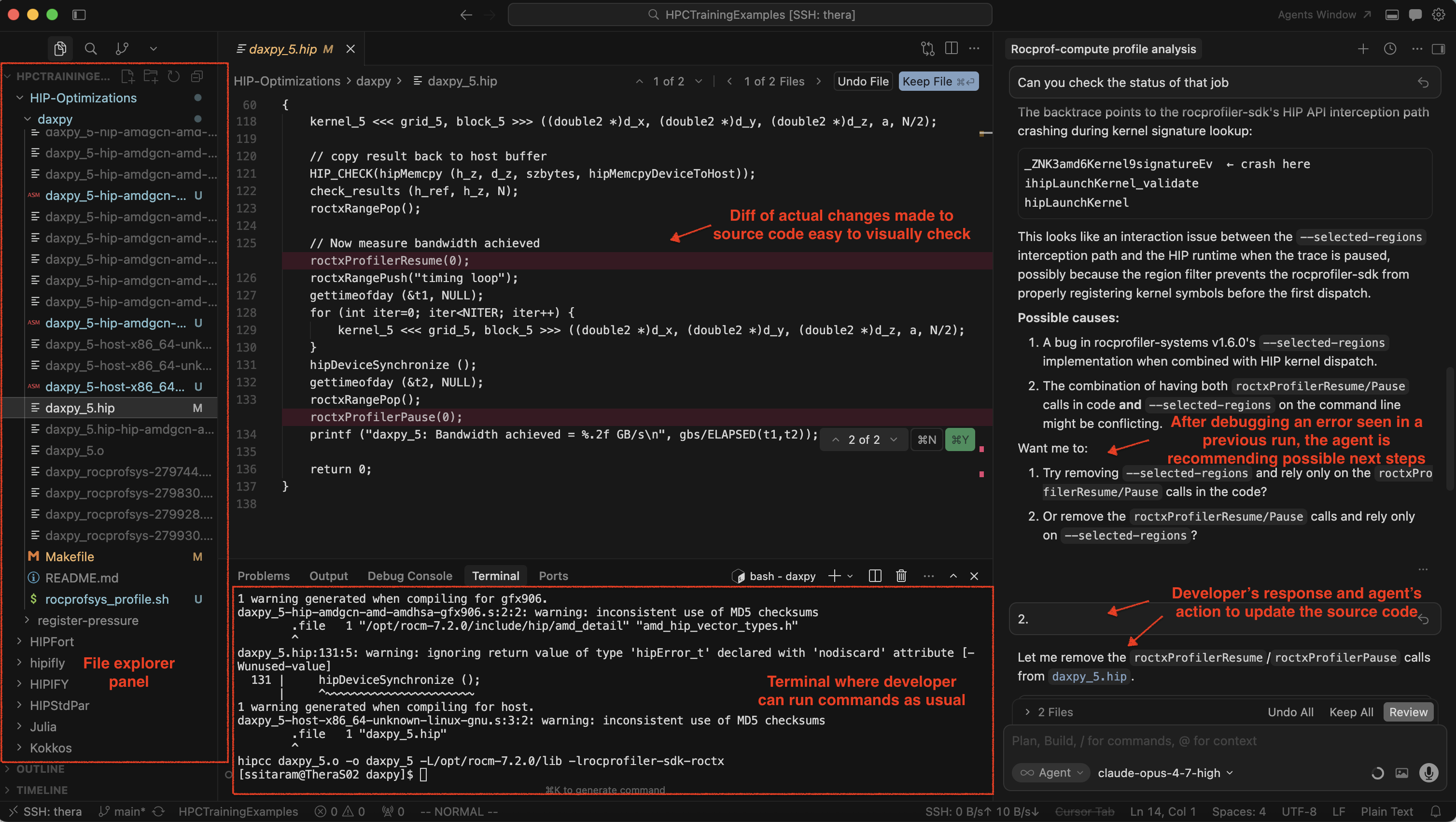 Cursor agent session showing a HIP kernel optimization workflow: the agent proposes a fix, edits source code, and explains its reasoning in the chat panel while the developer reviews the diff and runs commands in the terminal. (Screenshot is from a separate HIP optimization project and is provided for illustration only; it does not correspond to the experiment discussed in this post.)