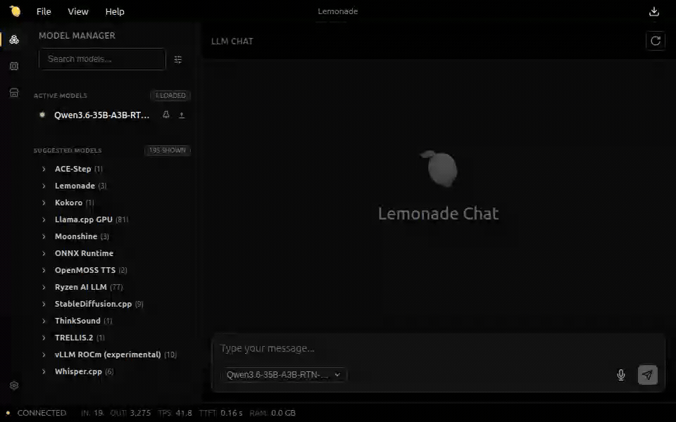 Lemonade App loading Quark GGUF and running chat inference