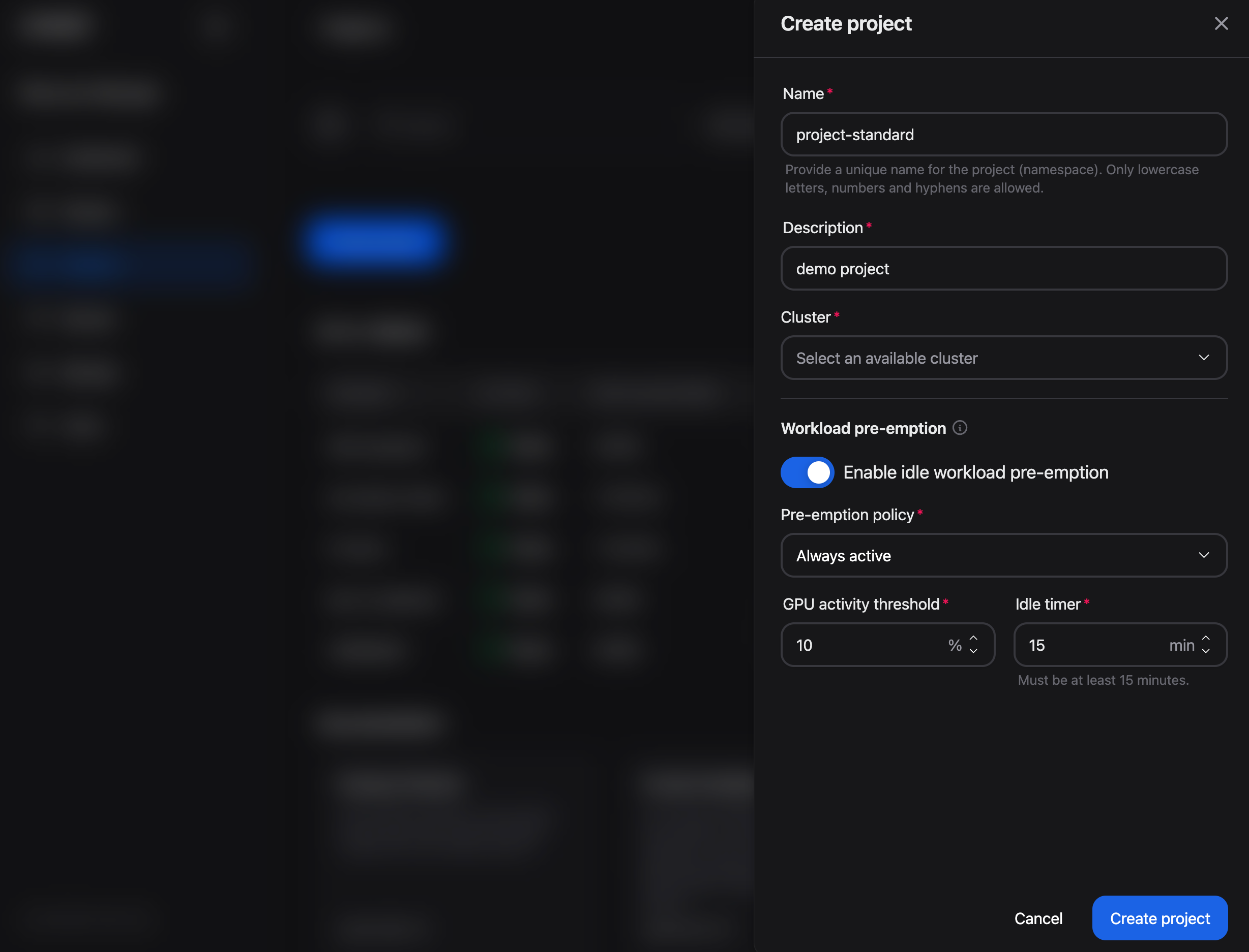 Workload pre-emption section in the Create project panel