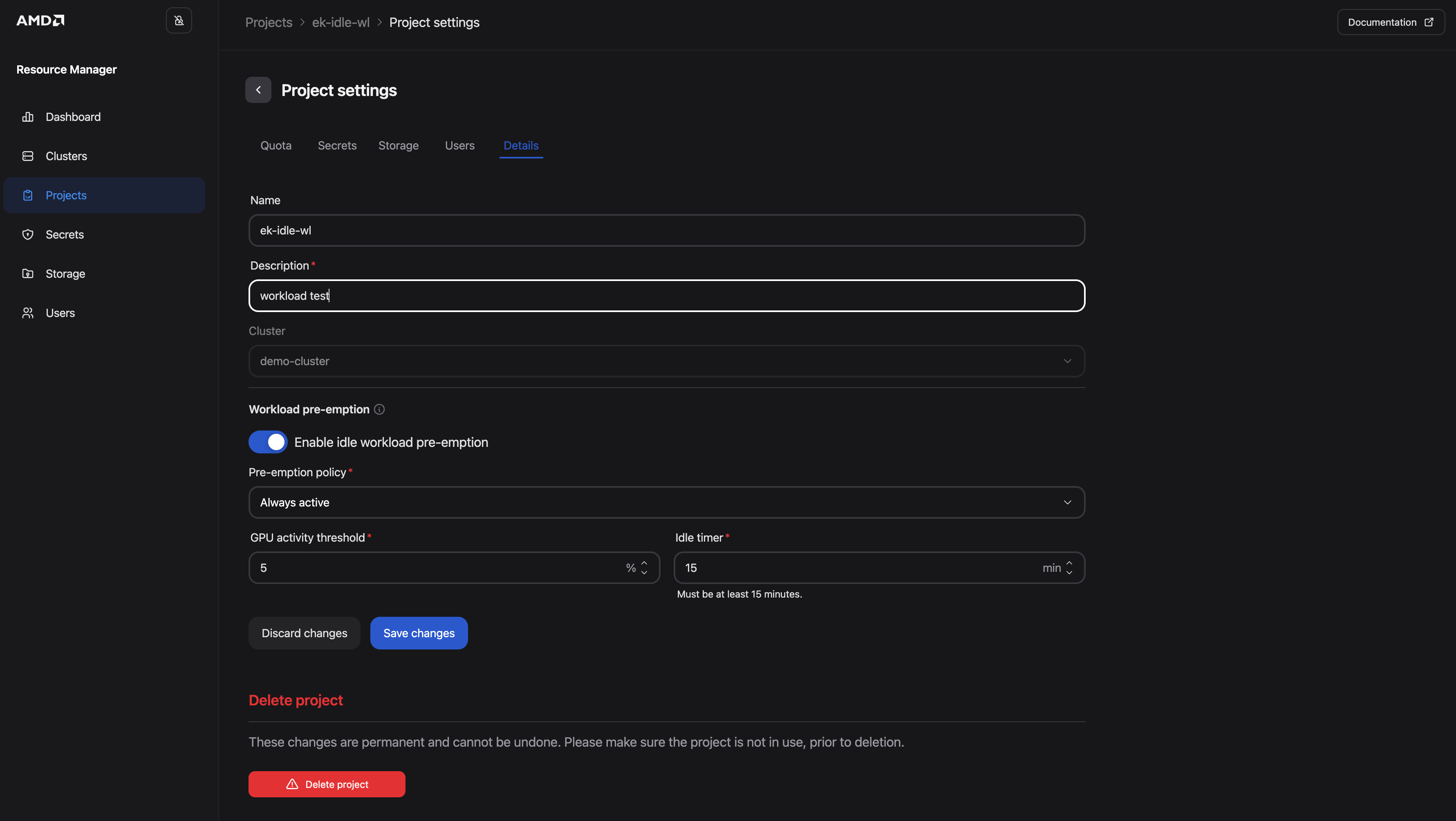 Workload pre-emption settings on the Details tab