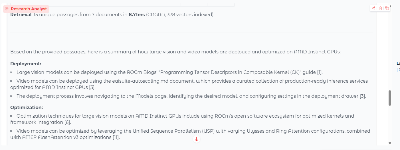 Synthesized answer with retrieval banner and structured Deployment and Optimization sections backed by numbered source citations