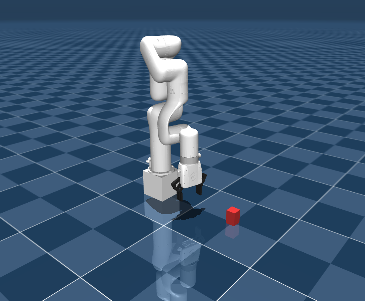 The complete training scene with the X-Arm 7, red cube, and checkered floor.