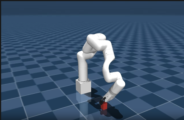 The X-Arm 7 during training, reaching toward the red cube.